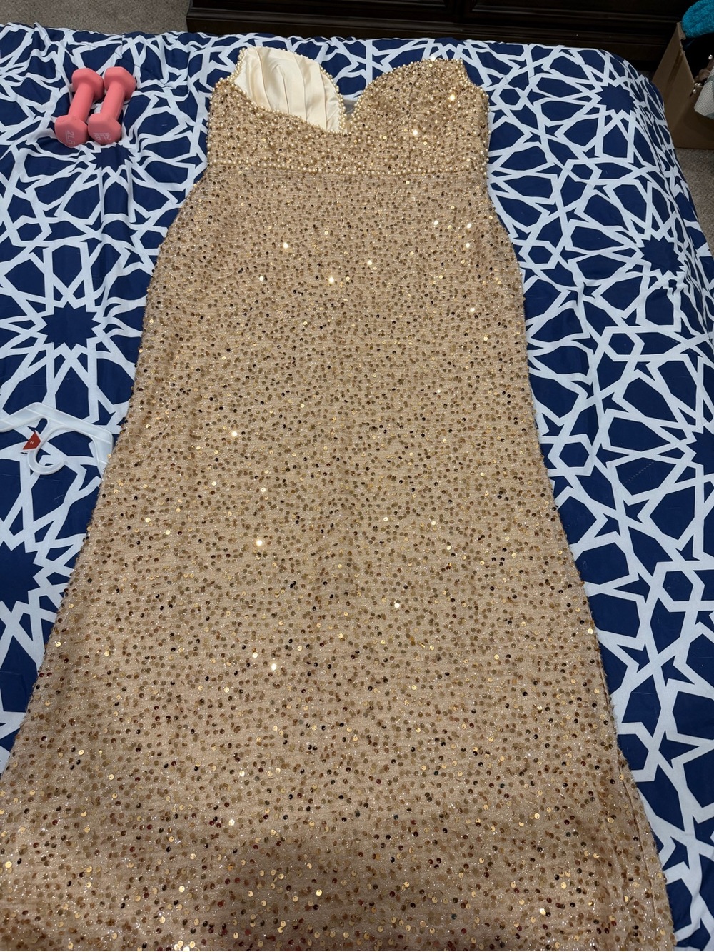 Gold Sequin Strapless Evening Dress